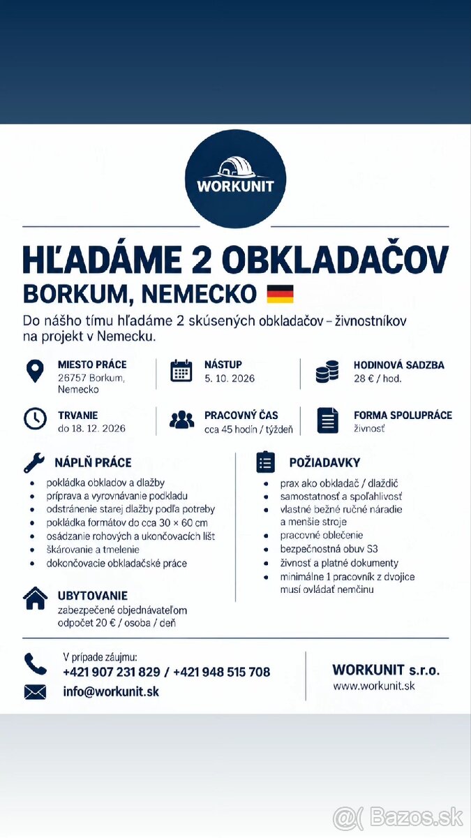 🧱 HĽADÁME 2 OBKLADAČOV – NEMECKO 🇩🇪 - 2