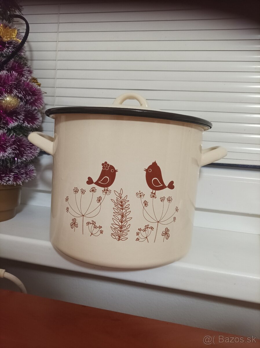 Hrniec smalt + pokr. 21cm/6L dekor Vtáčik KLC - 2