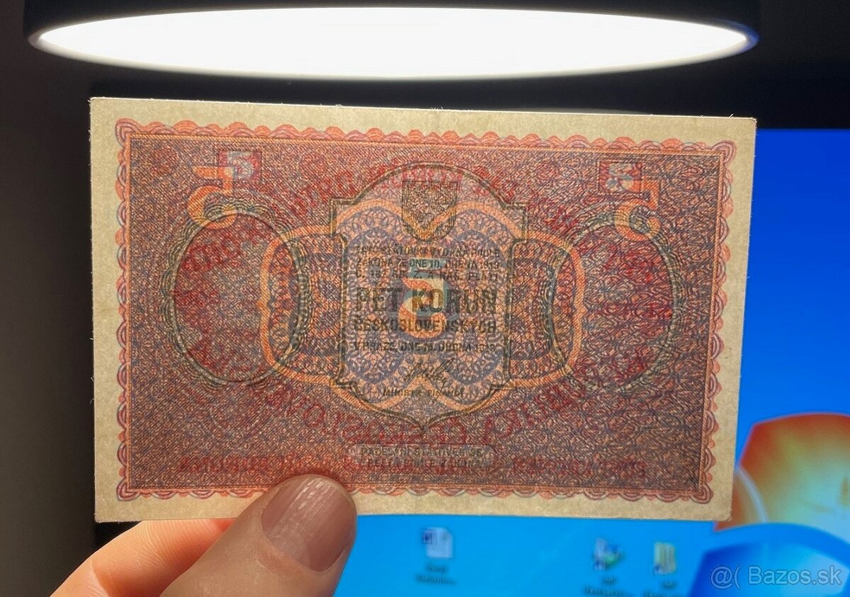 Staré bankovky 5 korun 1919 velmi pěkný stav 1 - 2