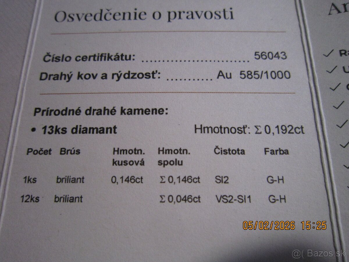 DIAMANTOVÝ PRSTEŇ ZLATO váha 1,92g - 2