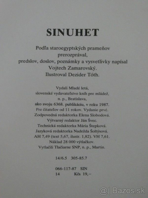Vojtech Zamarovský - Sinuhet - Mladé Letá 1987, 1.vydanie - 2