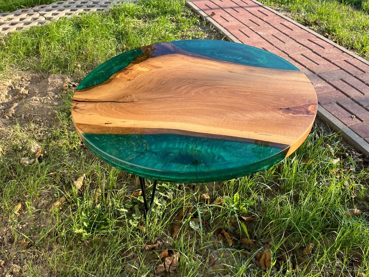 Originálny konferenčný stôl – dub & epoxid (Smaragdová zelen - 2