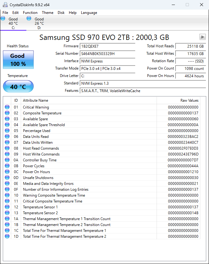 Samsung 970 EVO 2TB NVMe, zdravie 100% - 2