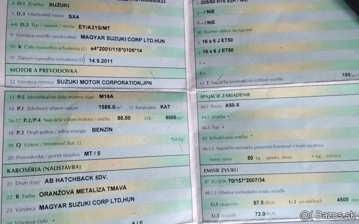 SUZUKI SX4 1.6 2011 88kW Predám MOTOR M16A, PREDNÝ NÁRAZNÍK, - 2