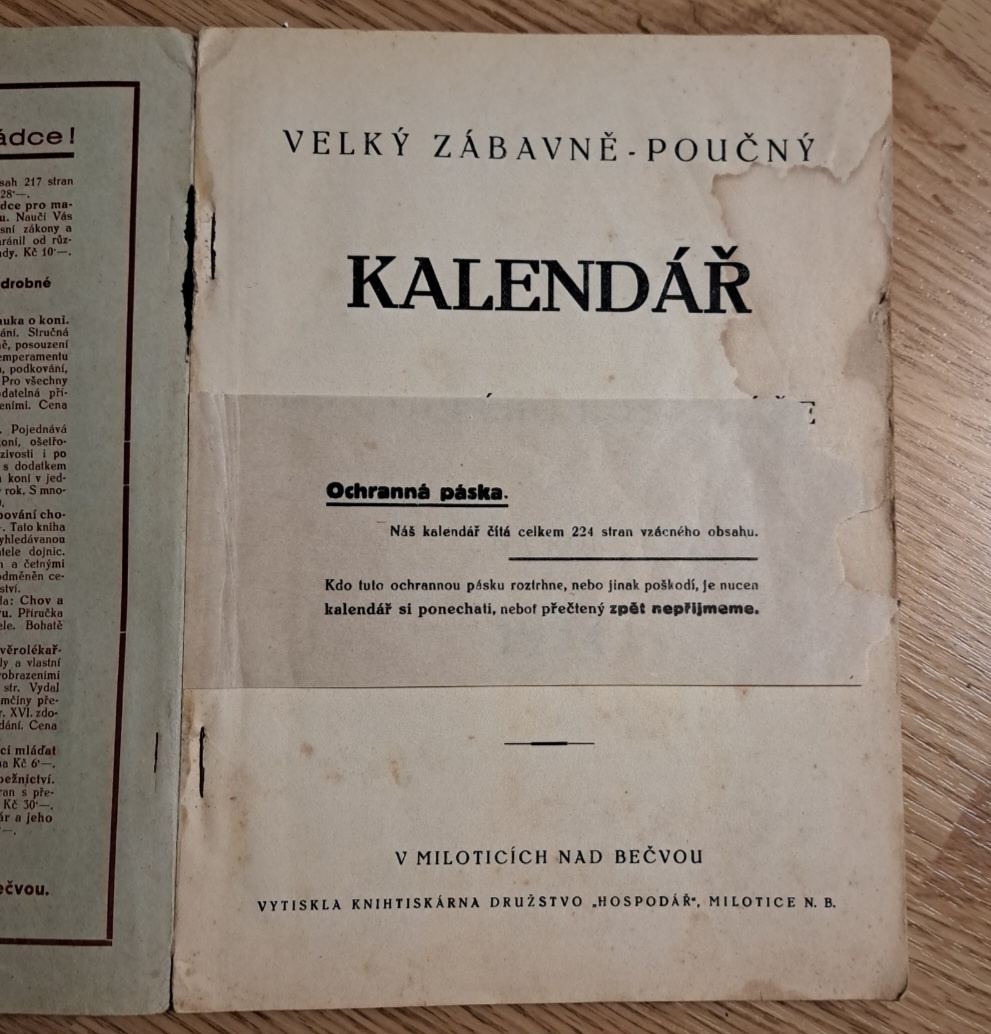Starožitný milotický kalendár 1934 - 2