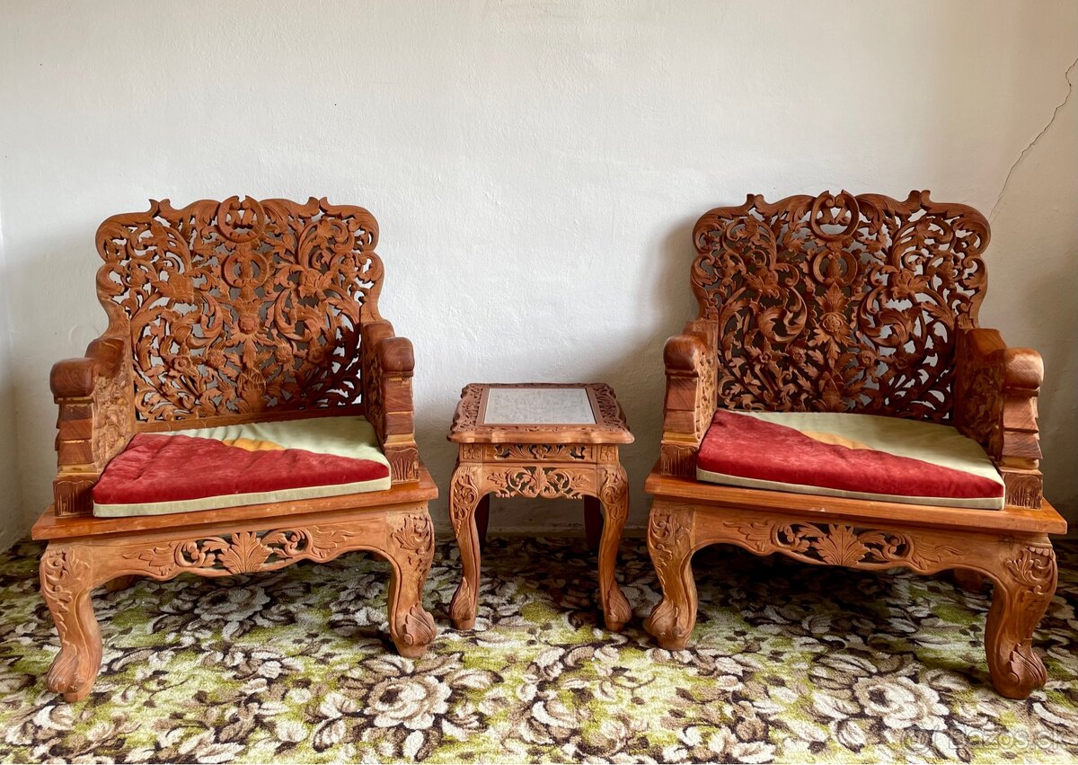 Veľky vyzrezávany set z tíkového dreva, dovezený z Ázie - 2