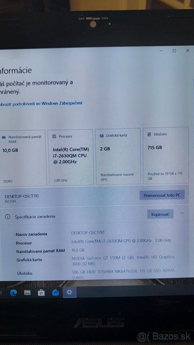 Asus N53S - i7, 10GB RAM, 128SSD+ 640HDD, NVIDIA 2GB - 2