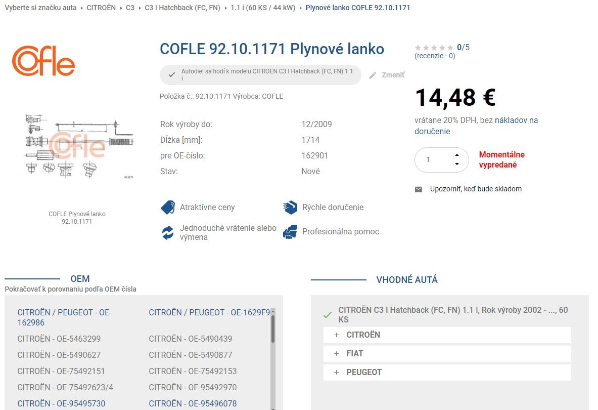 Citroen C3 (2002-2009) - plynové lanko - 2
