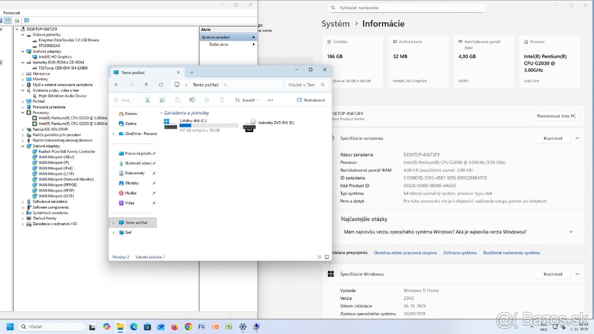 Predám kancelarski pc z win 11 intel pentium 4 gb ram 200gb - 2