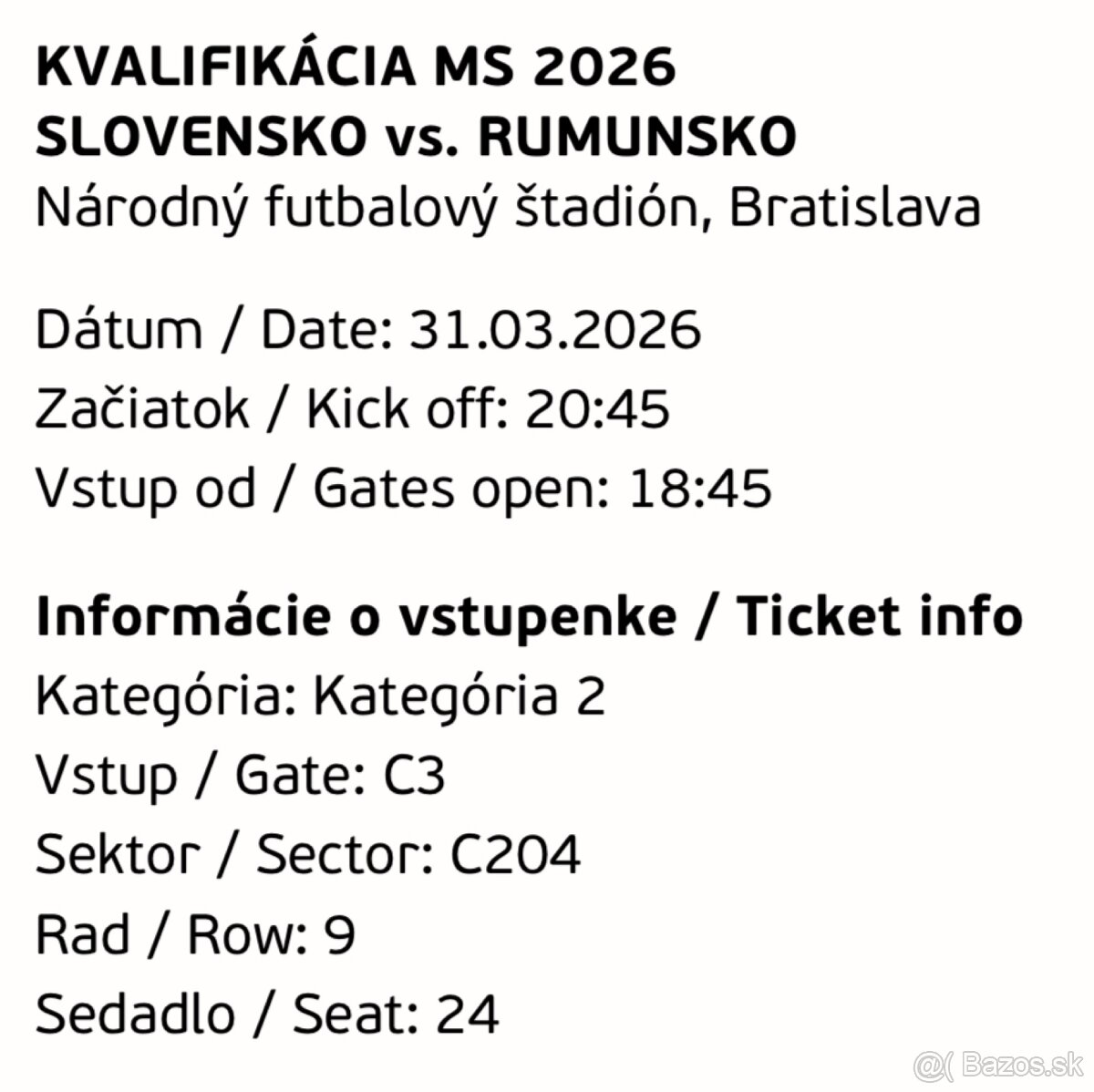 Predám 2 lístky Slovensko - Rumunsko 31.3.2026 - 2