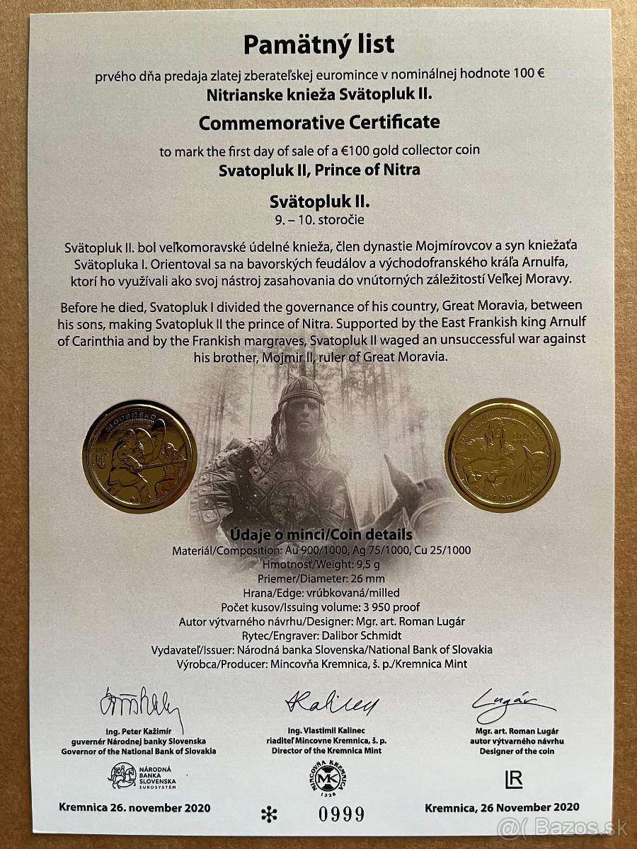 Predám pamätné listy k SK euro zlatým minciam - 2
