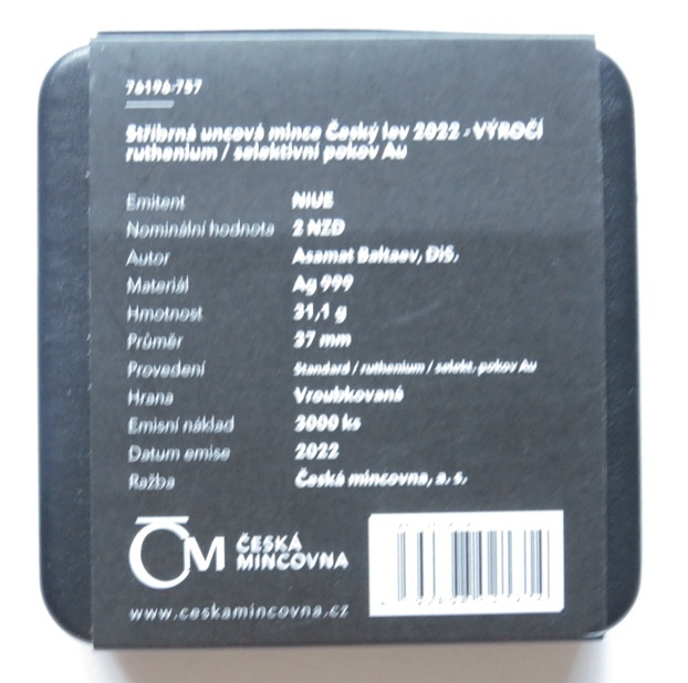 Český lev 2022, Ruthenium, pokov Au - 2