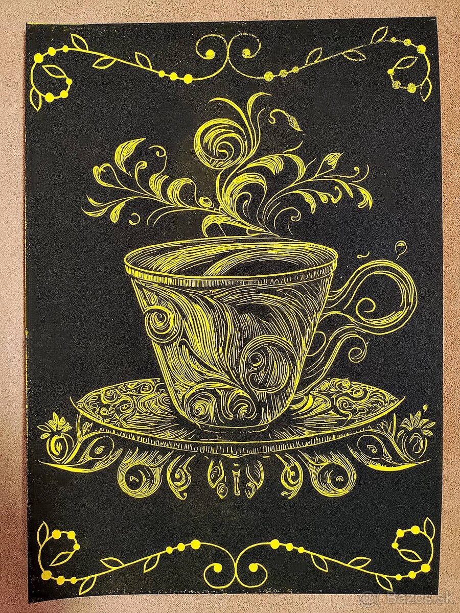 Šálka ornament - linoryt - grafika _ posledné 4 kusy - 2