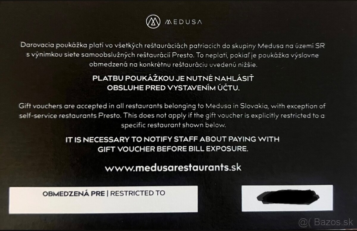 POUKAZ/VOUCHER RIO/MEDUSA REŠTAURÁCIE - 2