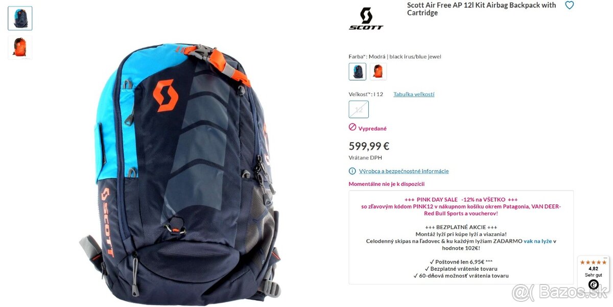 SCOTT AIR FREE AP12 lavínový batoh, Alpride airbag, zánovný - 2