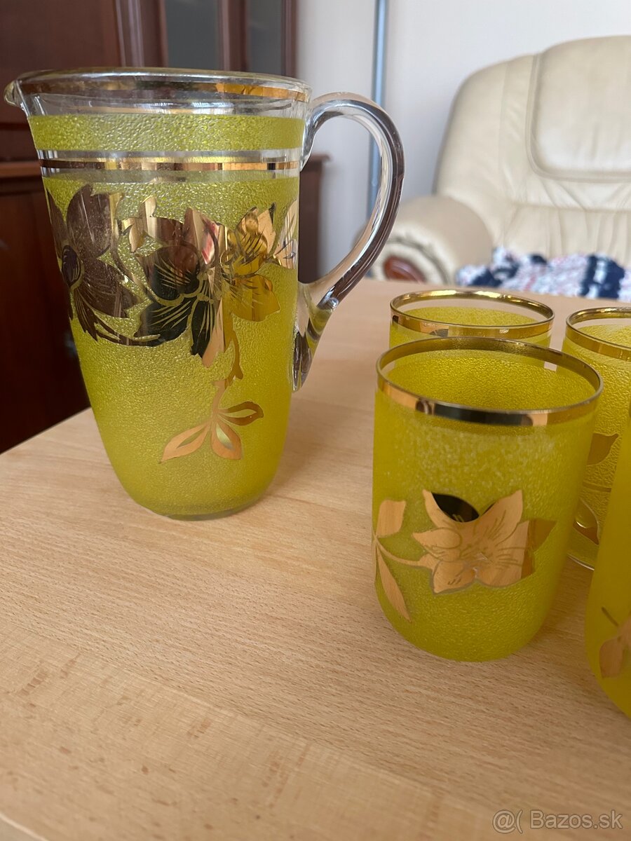 Retro sklenená súprava – džbán + 6 pohárov, zlátený dekor - 2