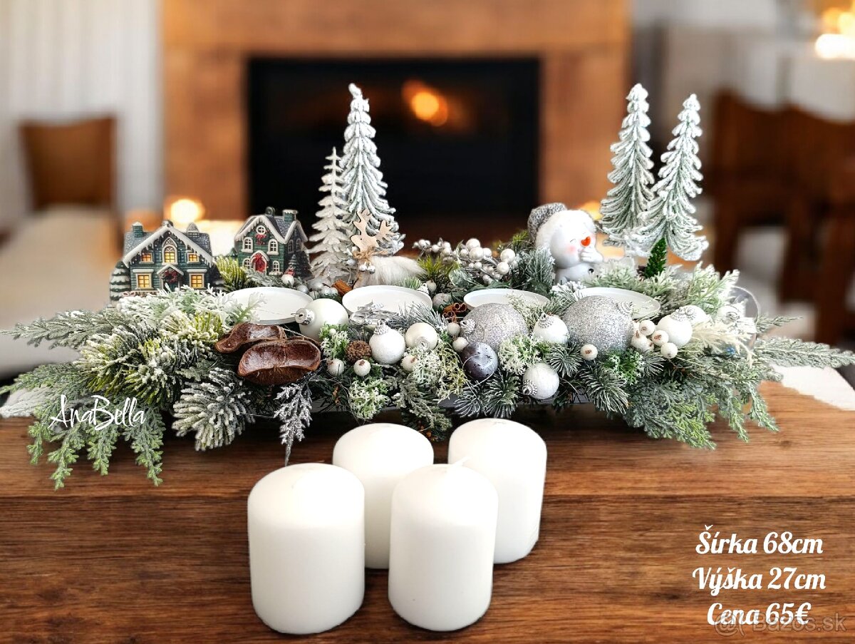 Adventný biely svietnik so Snehuliakom a chalúpkami - 2