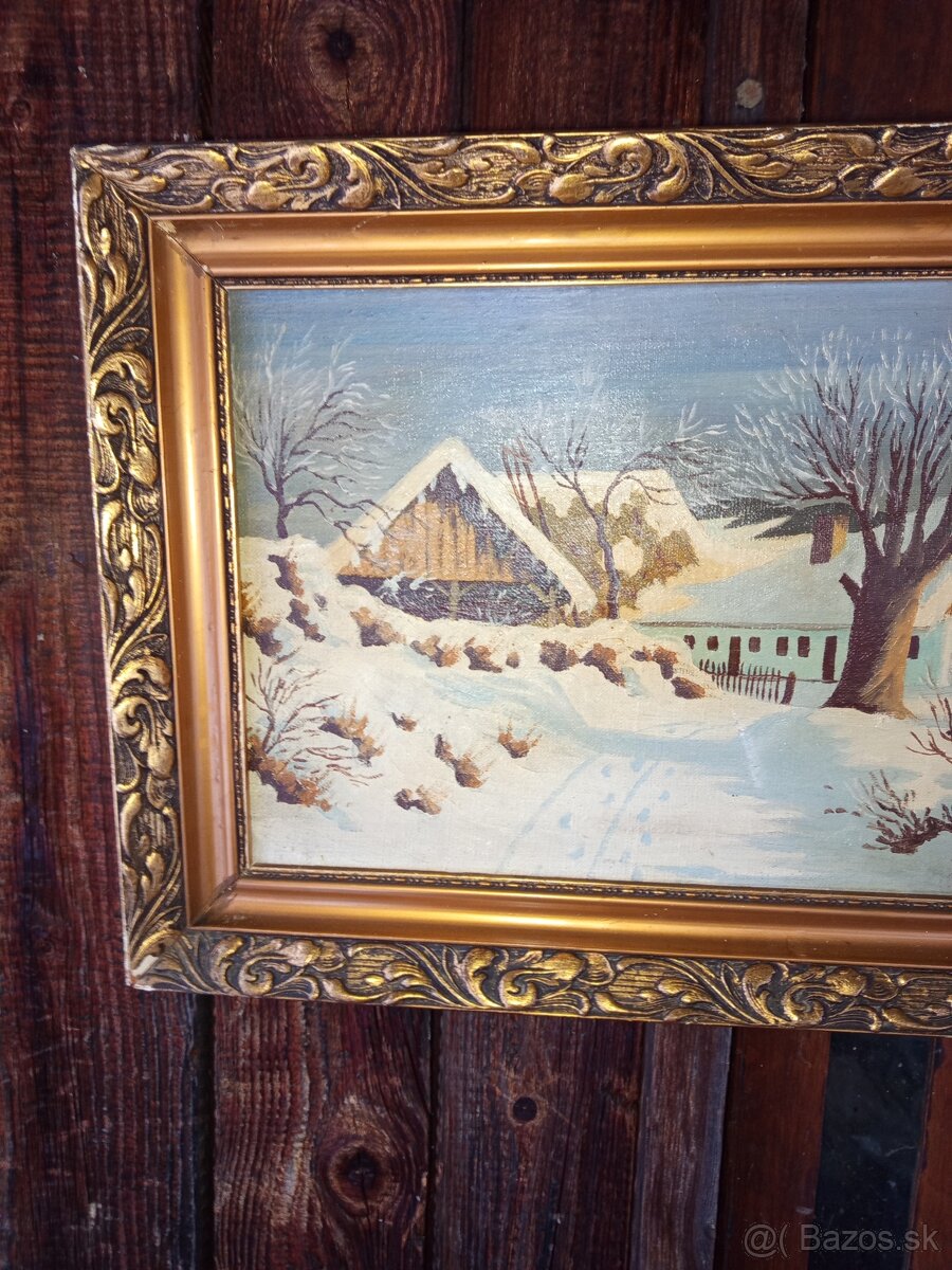 Obraz olejomaľba ,sneh na dedine - 2