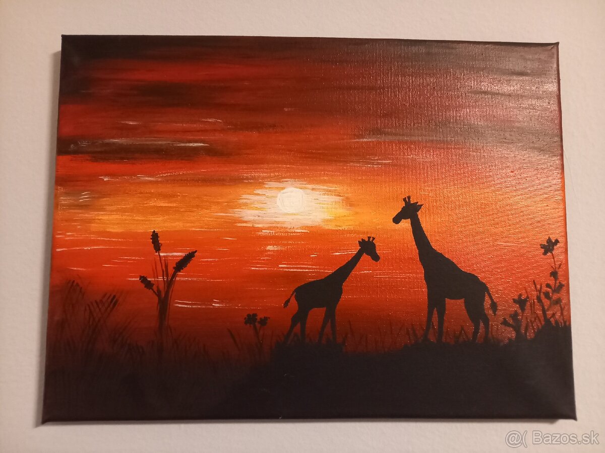 maľovaný obraz žirafy a západ slnka sunset - 2