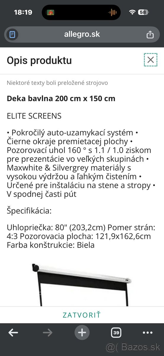 80” plátno elite screen - 2