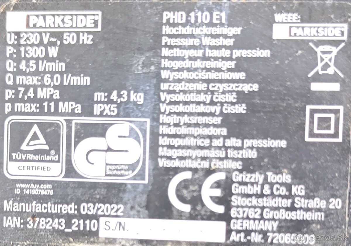 Vysokotlakový čistič vapka parkside phd110e1 - 2