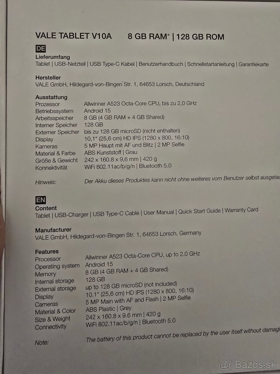 VALE V10A tablet - 2