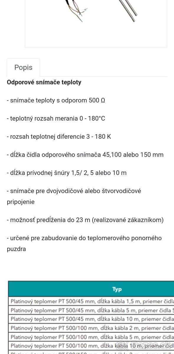 Odporový snímač teploty PT 500/100 - 2