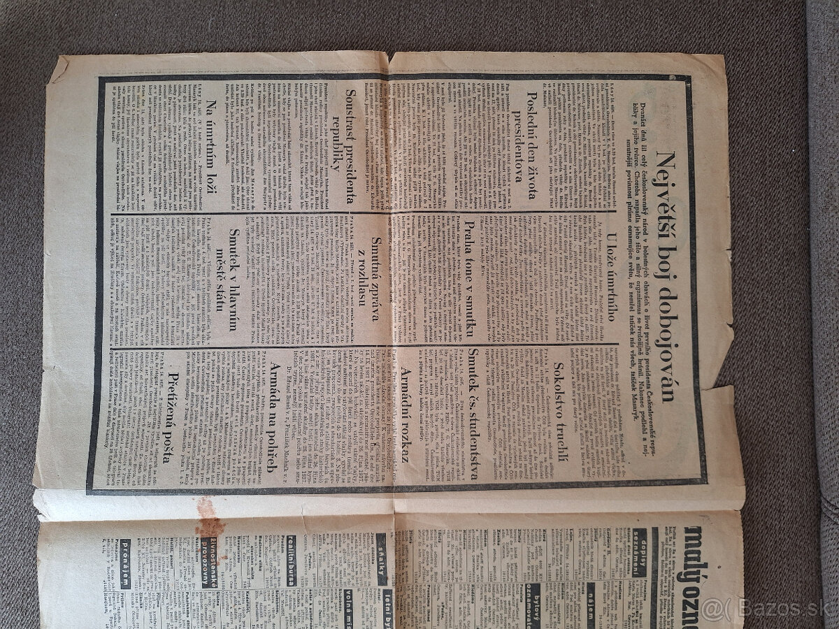 Tlačoviny, noviny rok 1937 Masarik prezident - 2