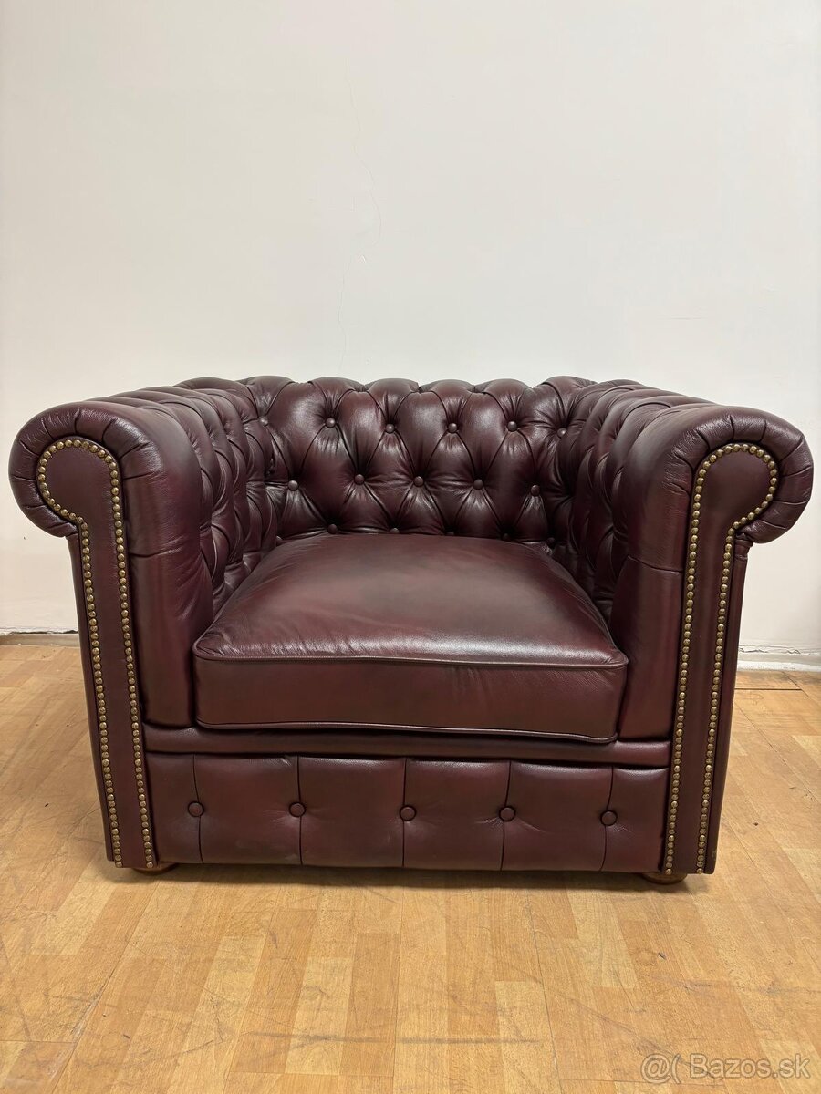 CHESTERFIELD ŠTÝL,TMAVOBORDOVÉ,KOŽENÉ KRESLO NOVÉ - 2