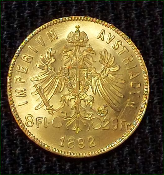 Investičné zlato, minca, 8 zlatník F.J.I. r. 1892, novorazba - 2