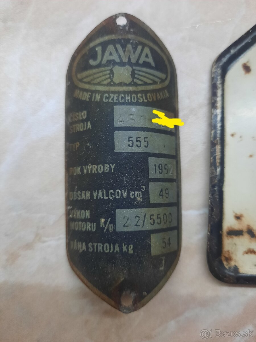 Štítok jawa pionier typ 555 + stará špz - 2