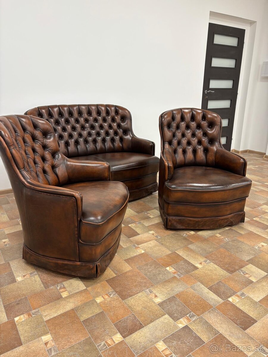 CHESTERFIELD ŠTÝL SEDAČKA,DVOJFAREBNÁ KOŽENÁ-ZĽACNENÁ - 2