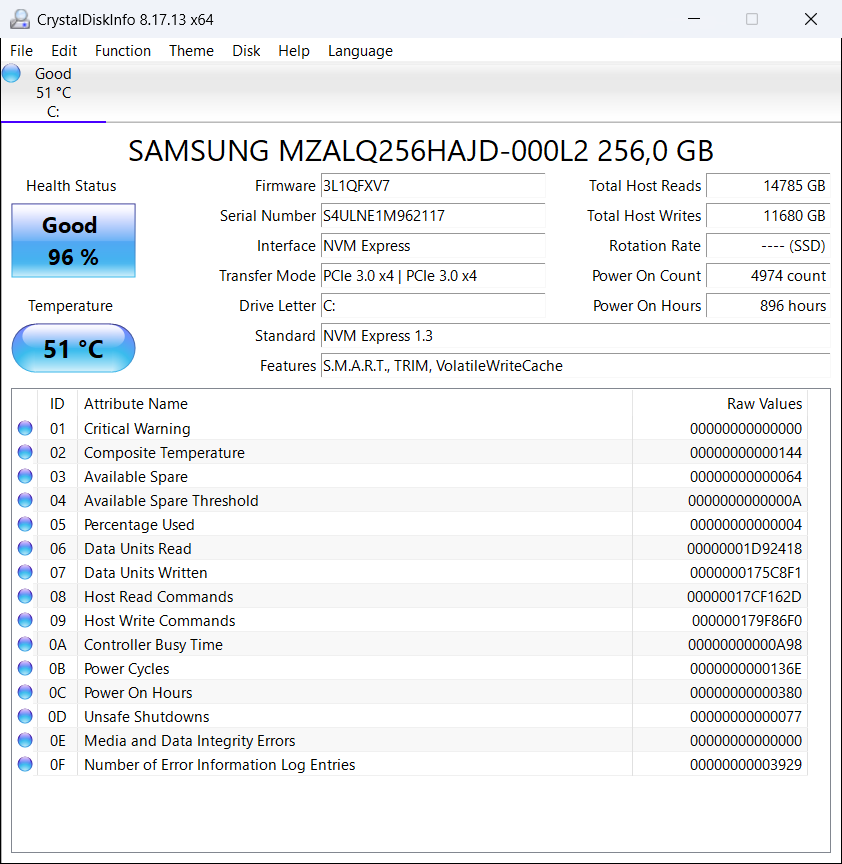 Samsung 256GB NVME SSD / 896 hodín - 2
