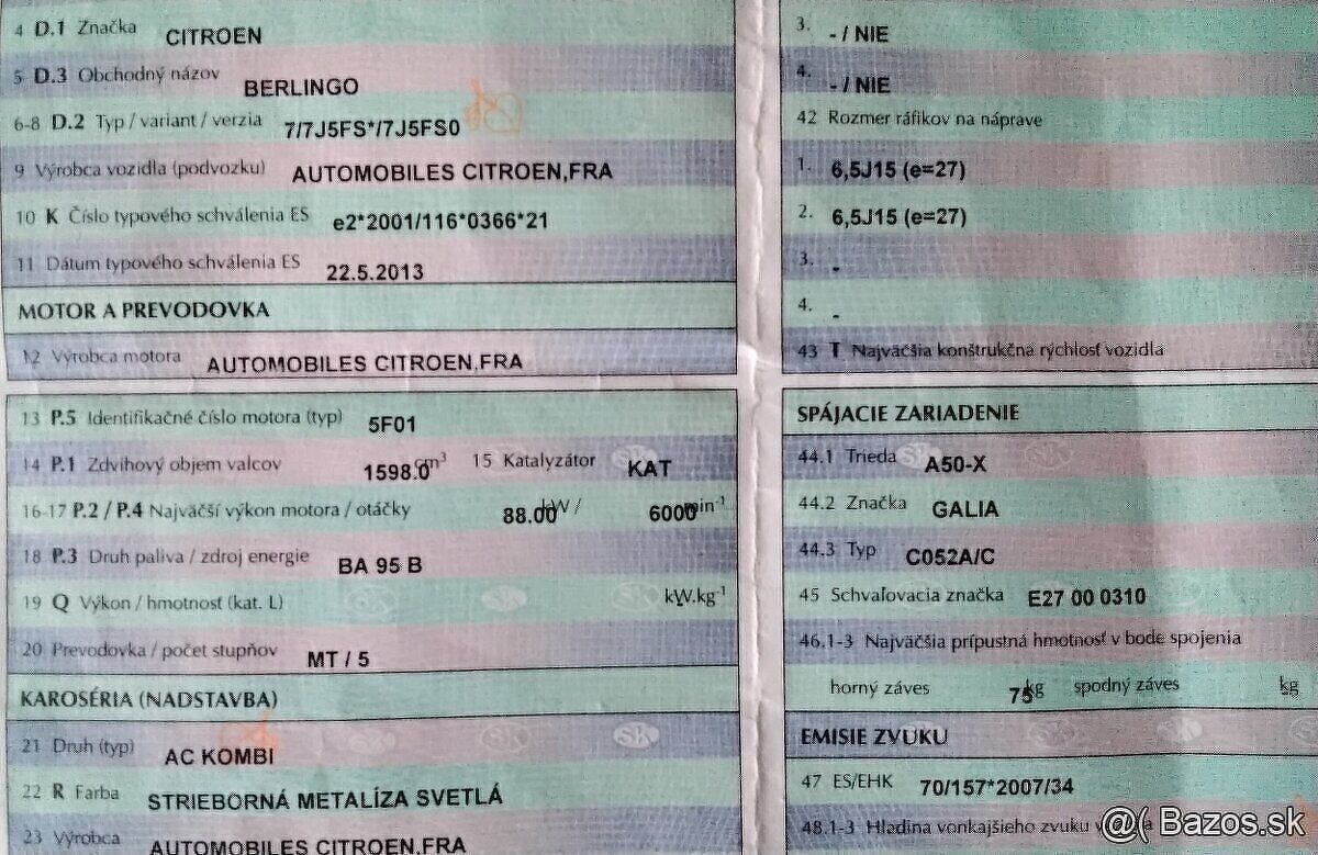 CITROEN BERLINGO 1.6 2013 Predám MOTOR 5F01, DVERE, PREVODOV - 2