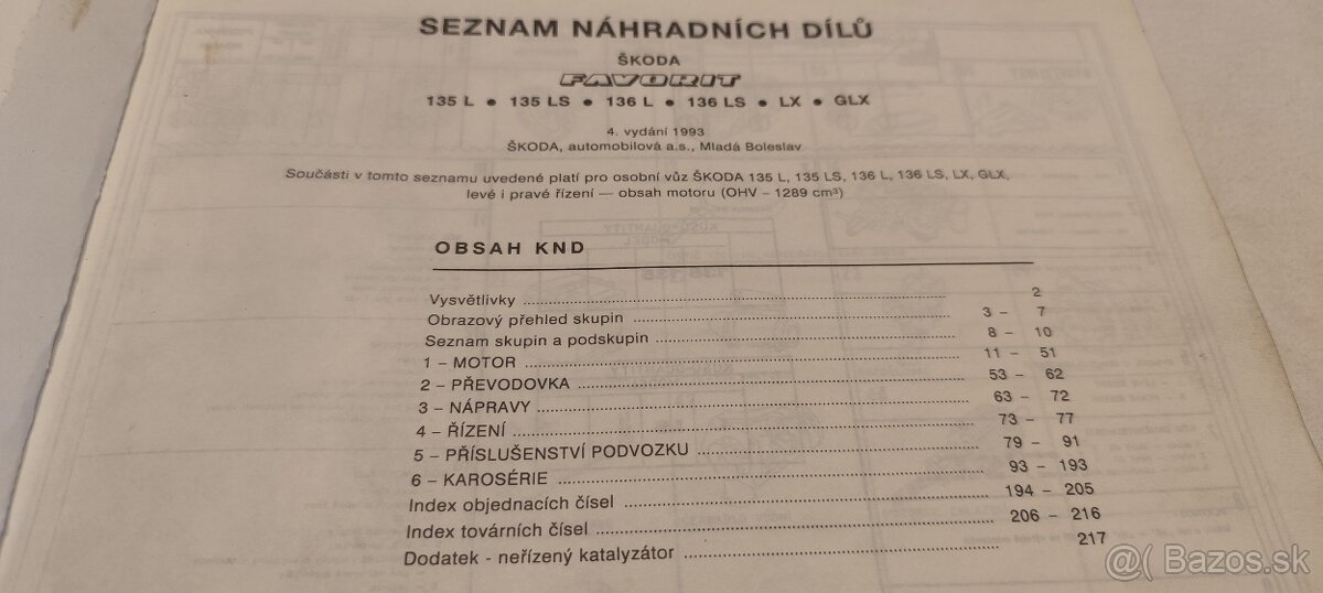 Škoda FAVORIT 135 136 L LS LX seznam náhradních dílů 1993 - 2