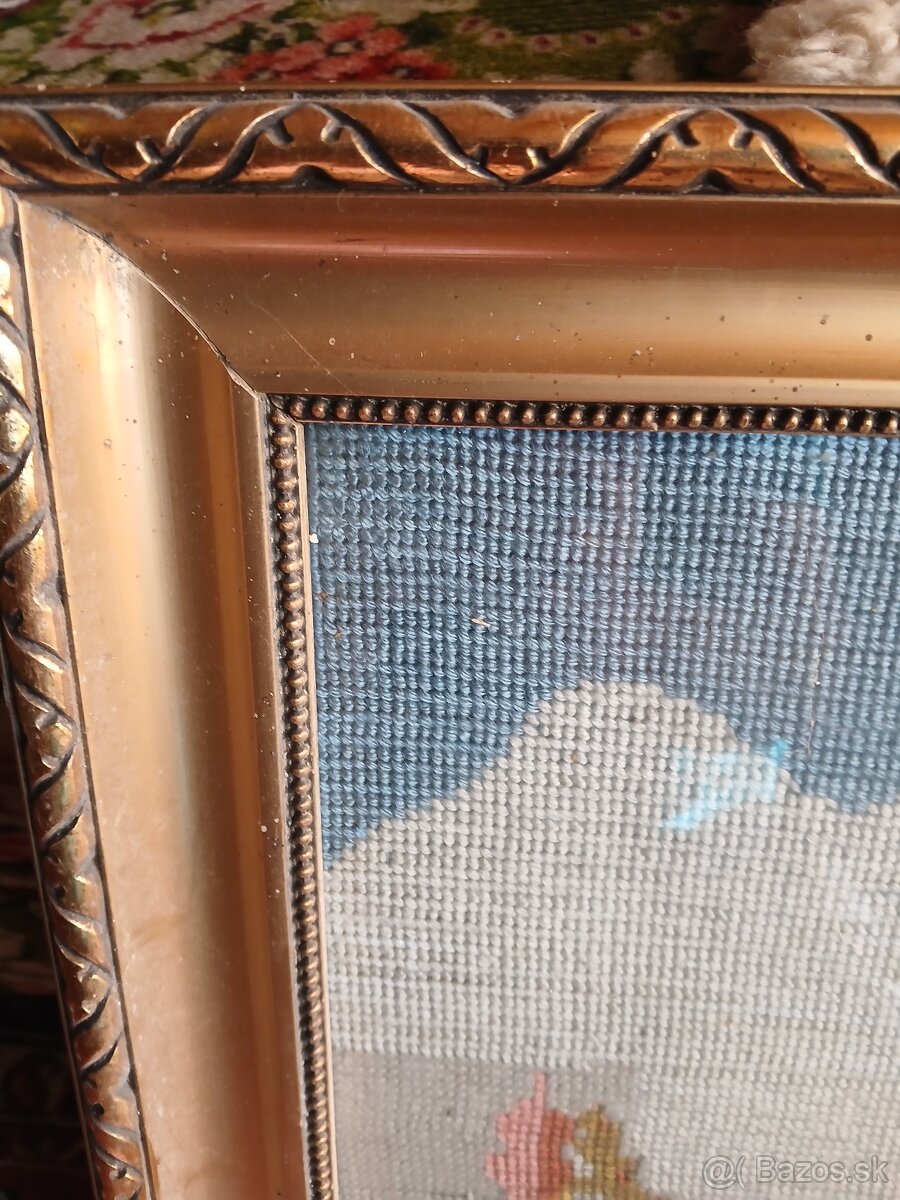 Veľký vyšívaný gobelín v masívnom ráme - 2