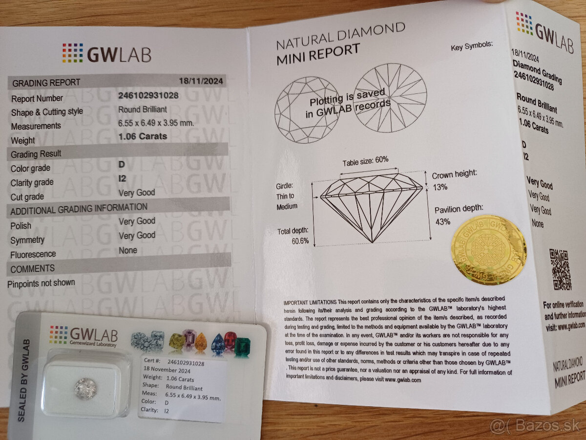 Na predaj: diamant 1,06 ct – farba D, brus Výborný - 2