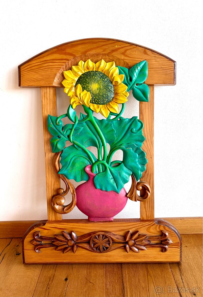 Starý dřevěný obraz, slunečnice - 2