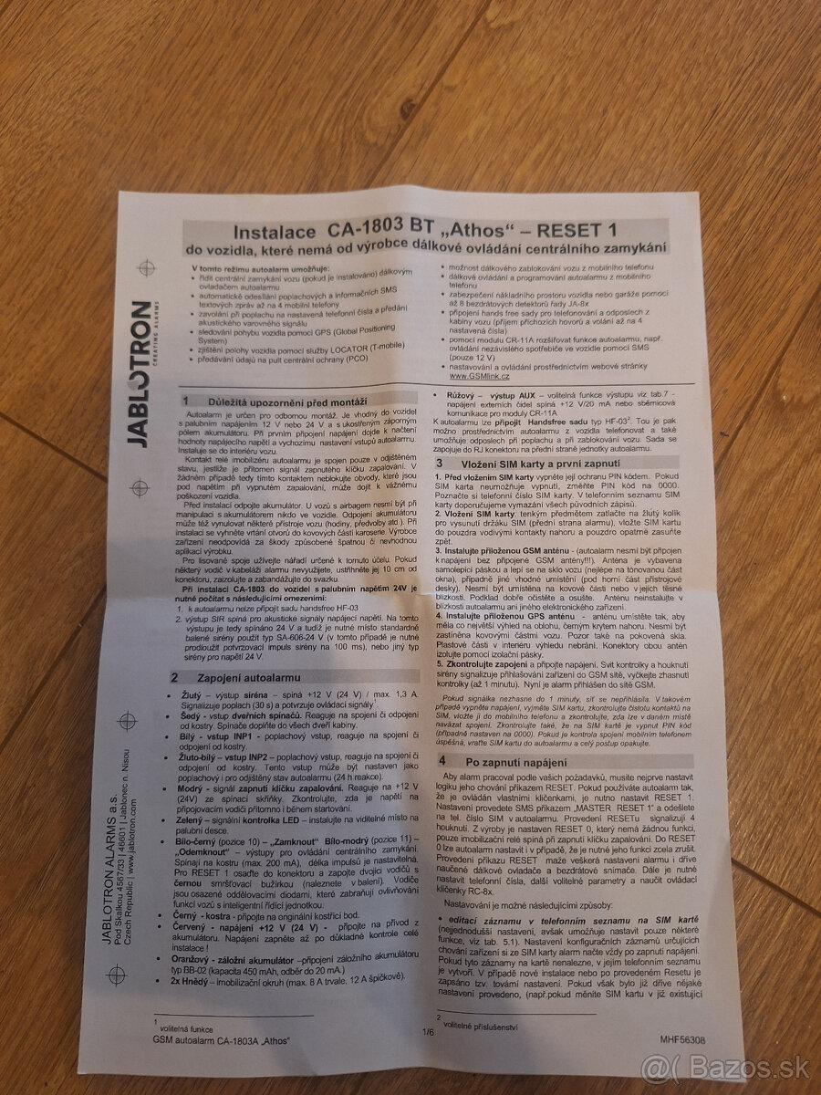 Autoalarm JABLOTRON ATHOS CA1803BT - 2