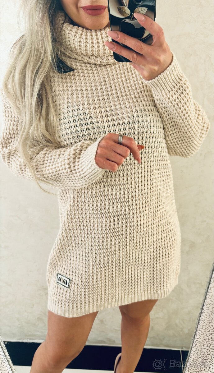Damske pletene rolakove šaty/sveter sand - 2