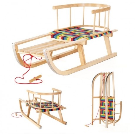 Detské drevené sánky s operadlom rukoväťou a povrázkom - 2