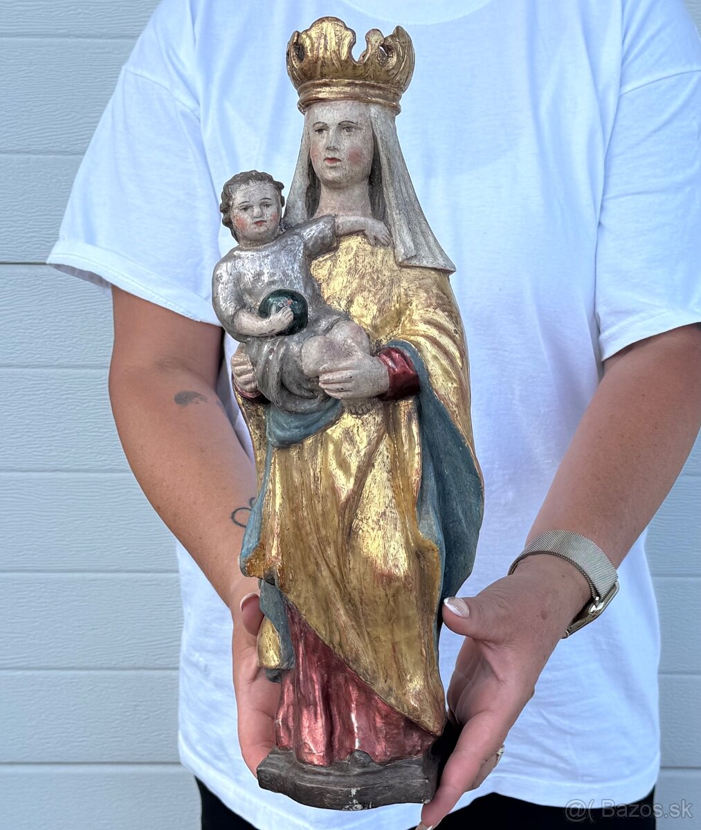 Dřevěná starožitná socha Panna Marie - 2