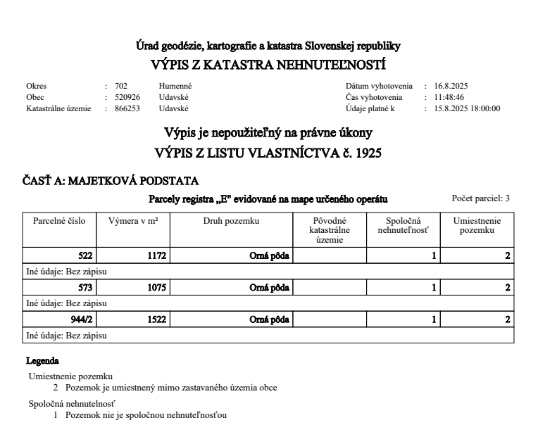 Orná pôda 3 769 m2 v k.ú. Udavské; vlastnícky podiel 1/1 - 2