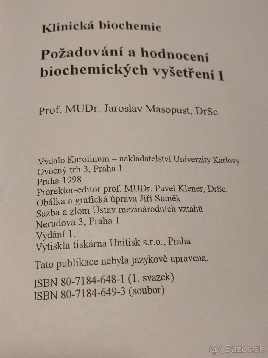 Predám knihy KLINICKÁ BIOCHEMIE I.a II. prof. Masopust - 2