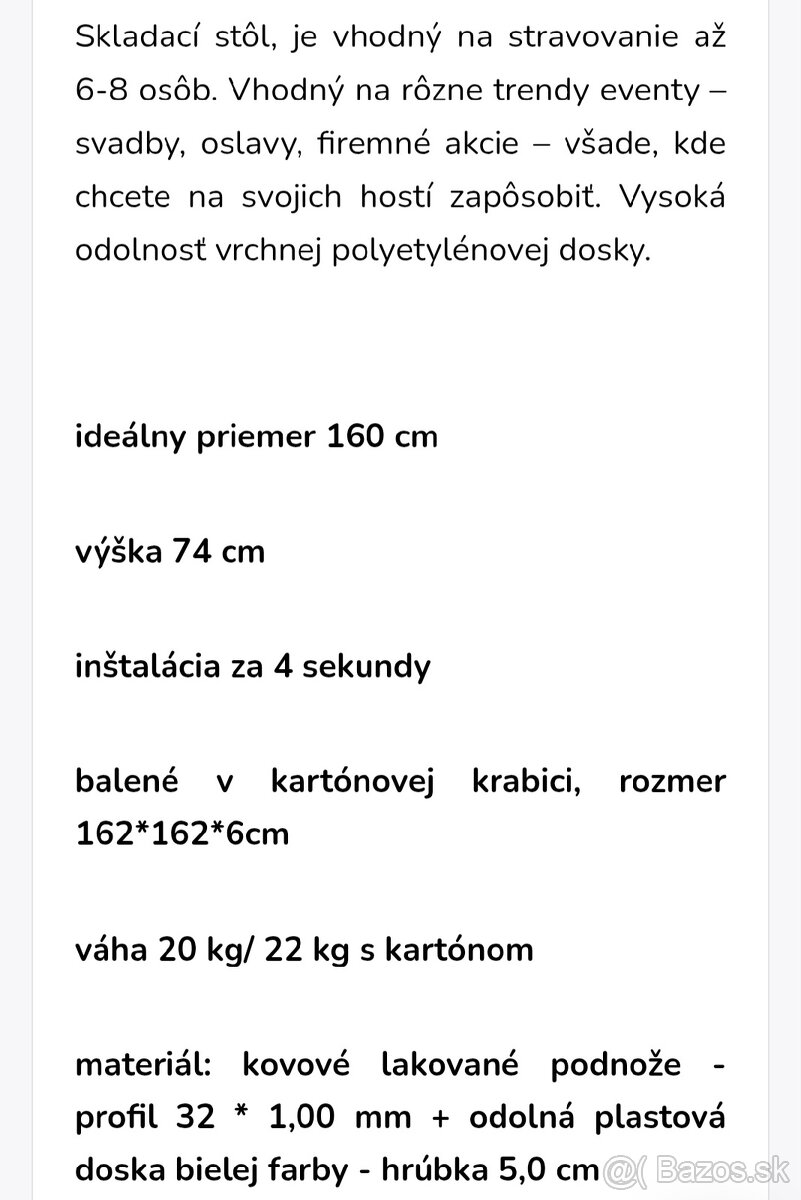 Okrúhly skladací stôl 160 cm -novy zabalený - 2