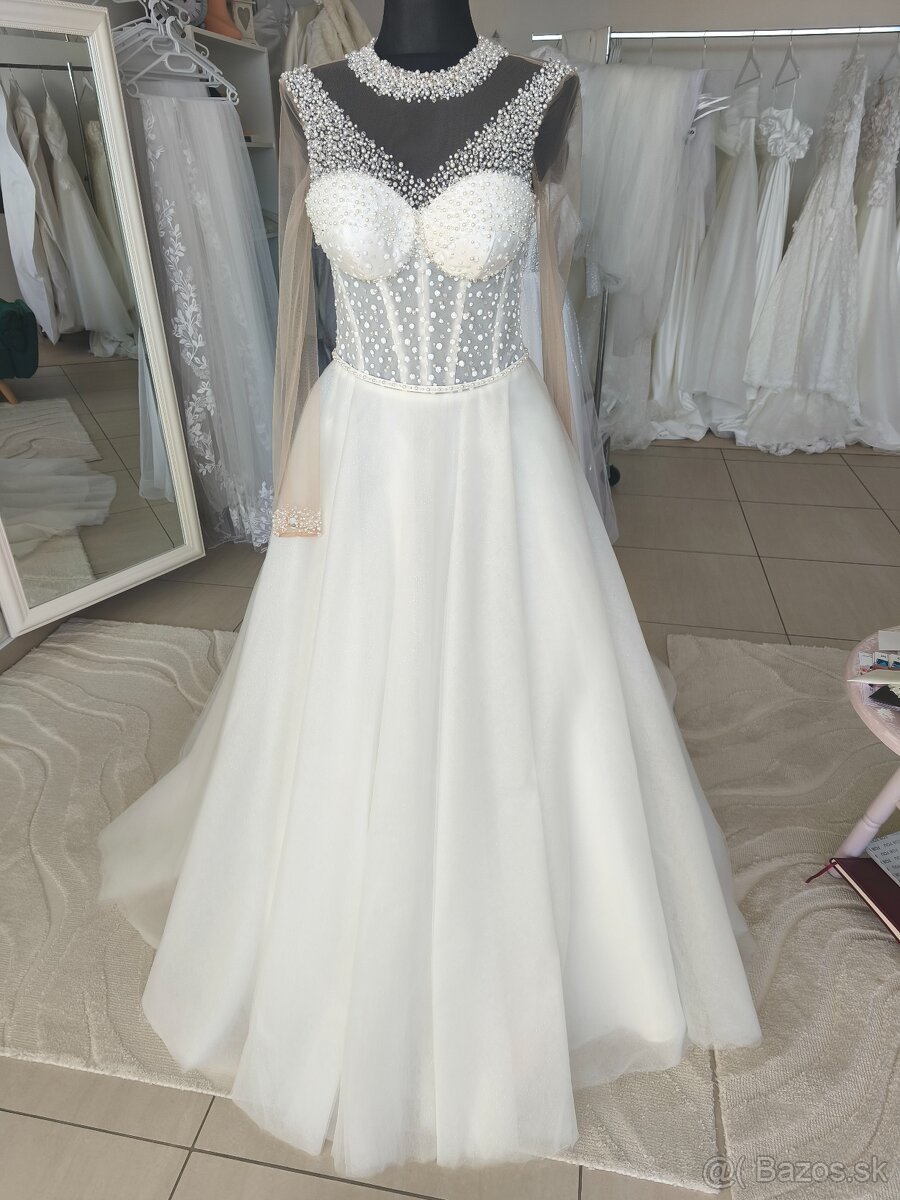 Predám perličkove svadobné šaty s jemné trblietavou sukÚPLNE - 2