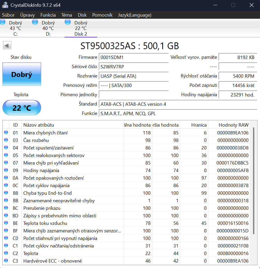 2.5 HDD: 500GB, Status: OK, PoC: 14456x, PoH: 23291h - 2