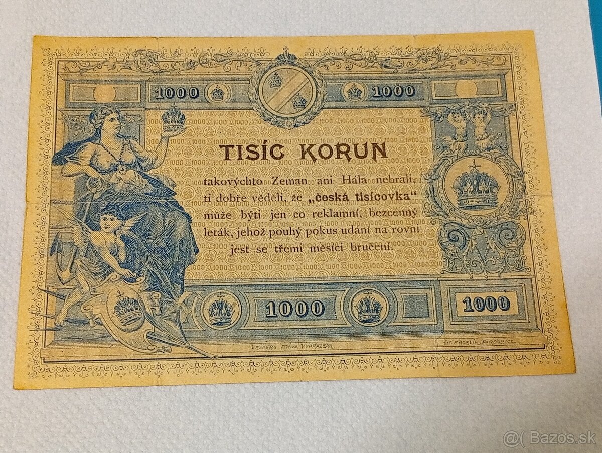 Veľmi vzácna 1000 Korún 1919 - 2