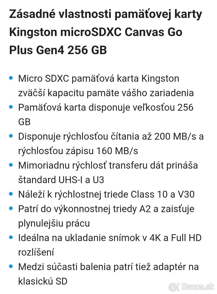 Predám pamäťovú kartu Kingston microSDXC Canvas Go Plus Gen4 - 2