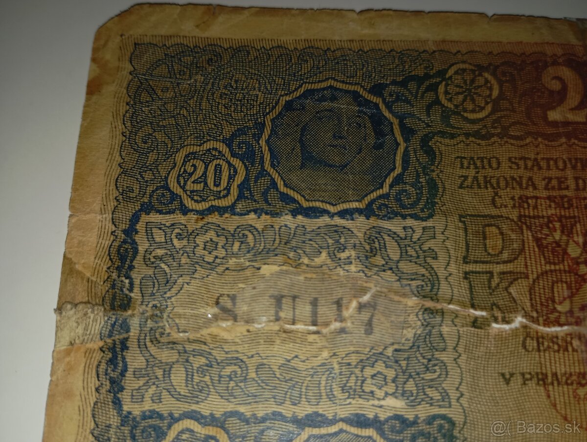 BANKOVKA 20 KČ 1919, VZÁCNÁ SÉRIE U, NEPERFOROVANÁ - 2